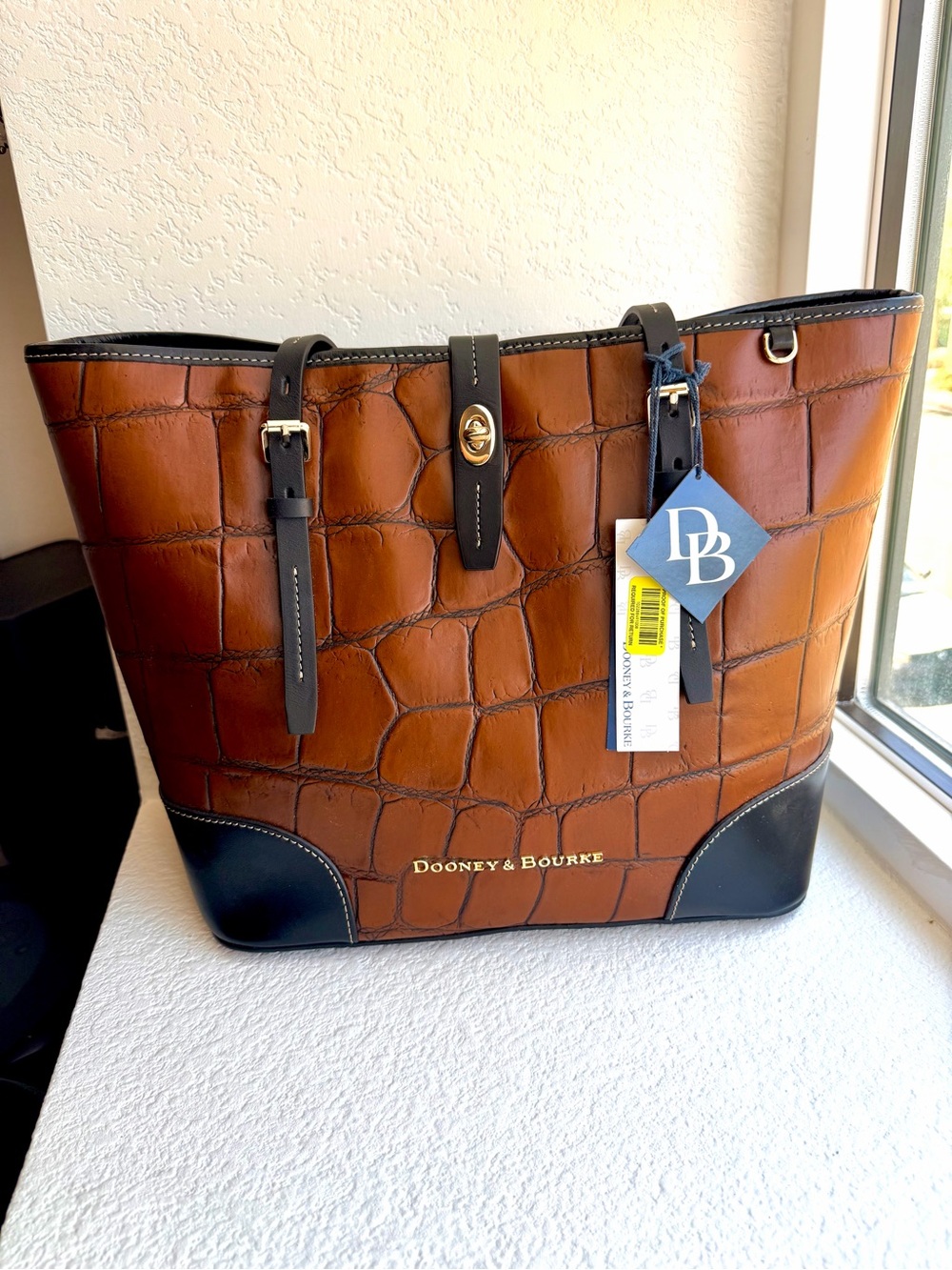 Dooney & Bourke Brown Croc-Embossed Leather Messenger with Black Trim